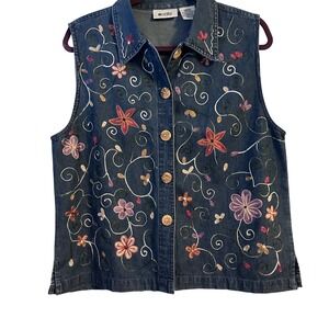 Units Denim Vest Floral Embroidered Sleeveless Jean Top Button Up‎ Women's
